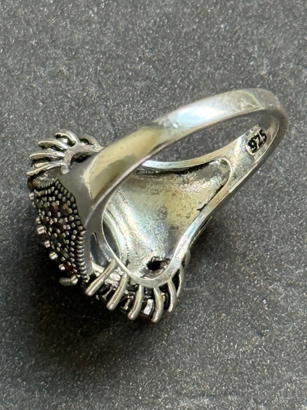 Art Deco Ring Statement Black Onyx Marcasite Halo Sterling Silver (9.5) - Picture 4 of 5